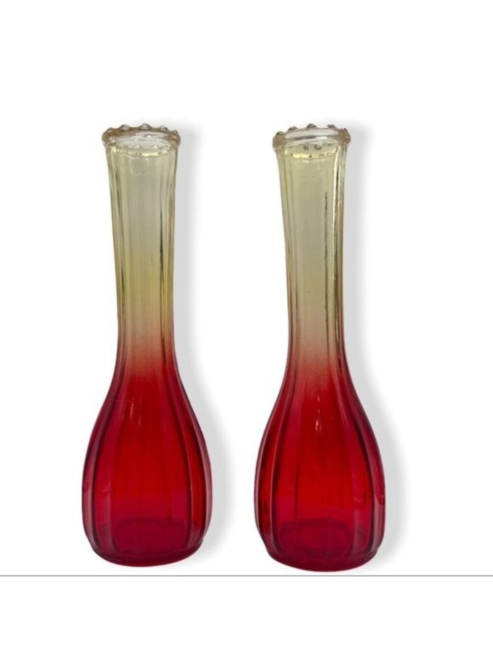 Vintage- Jeanette Glass Co. Amberina Ribbed Bud Vases  Pair (2)